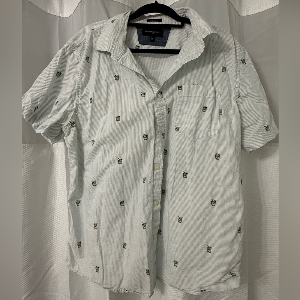 Banana Republic Pinstripe Short-Sleeve Button-Down Shirt with Cocktail Embroider